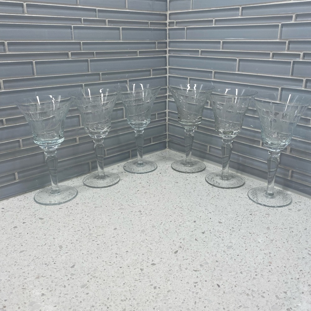 Vintage Arcadia ARE14 Sunflower Etched Wine Glasses 6 1/2” - 1950's Set Of 6